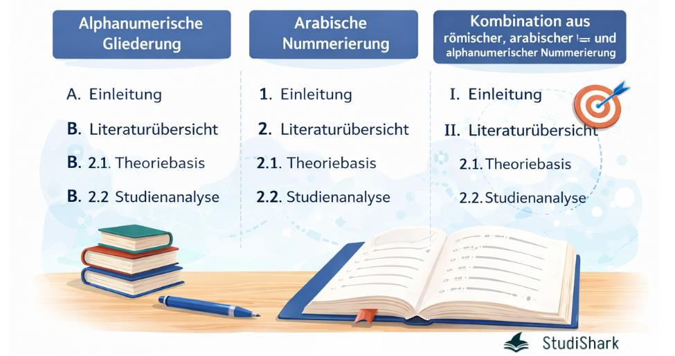 Nummerierung im Inhaltsverzeichnis der Bachelorarbeit mit arabischer, alphanumerischer und kombinierter Gliederung